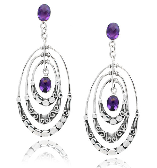 Triple Textured Oval Earring with Amethyst Drop