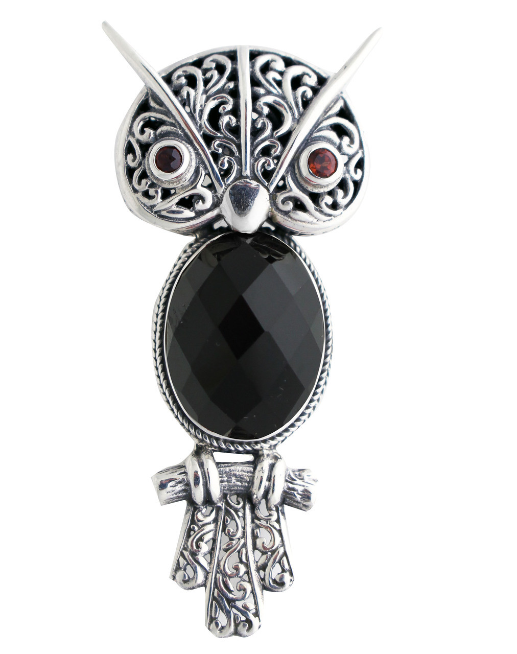 Sterling Silver .925 Onyx and Garnet Owl Pendant