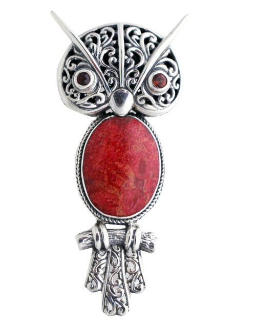 Sterling Silver .925 Red Coral Shell and Garnet Owl Pendant