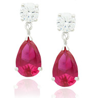 Sterling Silver .925 Clear Cubic Zirconia and Pear Shaped Simulated Ruby Drop Earrings
