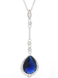 Sterling Silver Blue Sapphire Teardrop CZ Pave Lariat Necklace