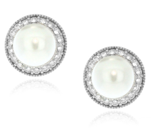 Sterling Silver 925 CZ Pave Outline Pearl Stud Earrings