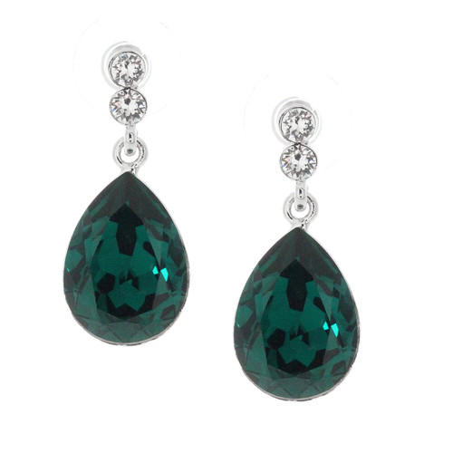 Teardrop Dangle Earrings Made With  Emerald and Clear  Crystals from Swarovski