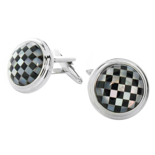 Silver Tone Shell Round Checkered Cuff Links