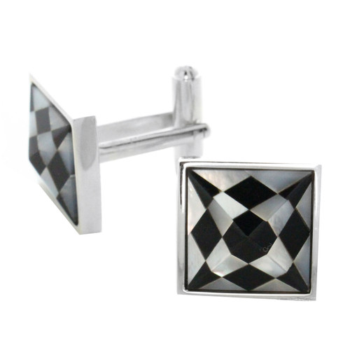 Silver Tone Shell Checkered Pyramid Cut Cuff Links 