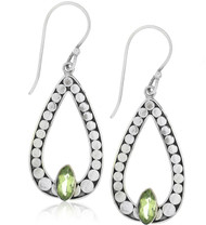 terling Silver .925 Open Pear Dot Outlined Bali Peridot Drop Earrings