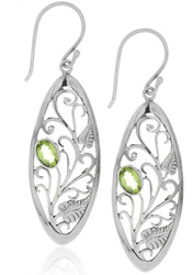 Sterling Silver .925 Oval Leafy Vine Bali Peridot Drop Earrings