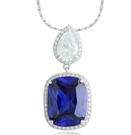 Sterling Silver Emerald Cut Simulated Tanzanite and Cubic Zirconia Halo Drop Halo Pendant Necklace