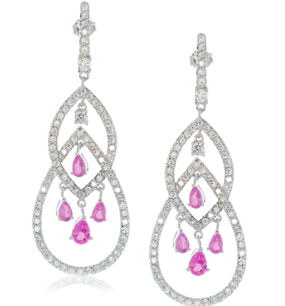 925 Sterling Silver Pear Ruby /& Diamond Cluster Drop Hook Earrings