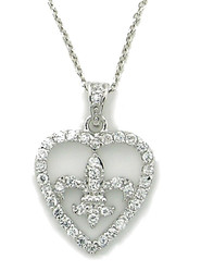 Sterling Silver Fleur de lis Heart Pave Cz Necklace
