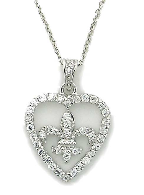 Sterling Silver Fleur de lis Heart Pave Cz Necklace