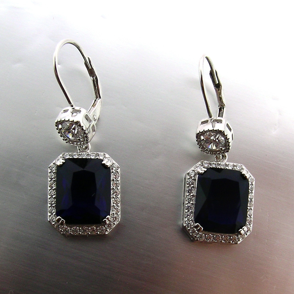 Details about  / 18k Two Tone Gold Vermeil Simulated Sapphire Dangle Earrings