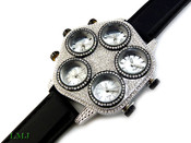White and Black Iced "Five on It" 5 Time Zone Watch with silicone band (Clear-Coated Case)