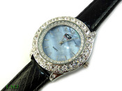 White "Boulder Bezel" and Blue Pearl face Watch with leather band (Clear-Coated Bezel)