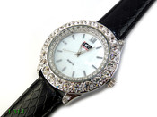 White "Boulder Bezel" and White Pearl face Watch with leather band (Clear-Coated Bezel)