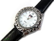 Gunmetal Black "Boulder Bezel" and White Pearl face Watch with leather band (Clear-Coated Bezel)