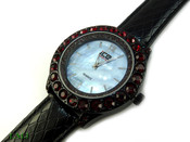 Black and Blood Red "Boulder Bezel" and Blue Pearl face Watch with leather band (Clear-Coated Bezel)