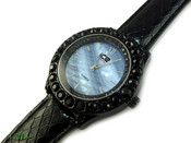 Black "Boulder Bezel" and Blue Pearl face Watch with leather band (Clear-Coated Bezel)