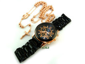 COMBO DEAL! Rose gold tone moon-cut ball bead rosary chain and watch w/metal band (package #1)