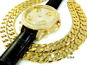 COMBO DEAL! 14K Gold tone "Fully Loaded 5 time-zone" watch w/Black leather band + 24" Cuban box link chain -12mm(1/2 inch) wide (Clear-Coated)