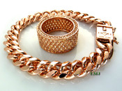 14K Rose Gold and Champagne Lab Made Diamond "Fully Loaded 360" Ring + 8.5" Cuban Link Bracelet (w/BOX LOCK CLASP) -8mm wide (Clear-Coated)