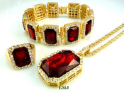 COMBO DEAL! 14K Gold tone simulated "Rectangle Ruby Solitaire" Pendant + Bracelet + Ring + 24" Rope Chain (Clear-Coated)