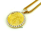 18K Gold tone "2-Sided Lady Liberty Coin" White Lab Made Diamond Pendant + "Yurman" 2.5mm 24" Chain (Clear-Coated)