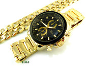 COMBO DEAL! Gold Stainless Steel "Business Man" watch + 30" Cuban Box Link 12mm Chain (Clear-Coated)