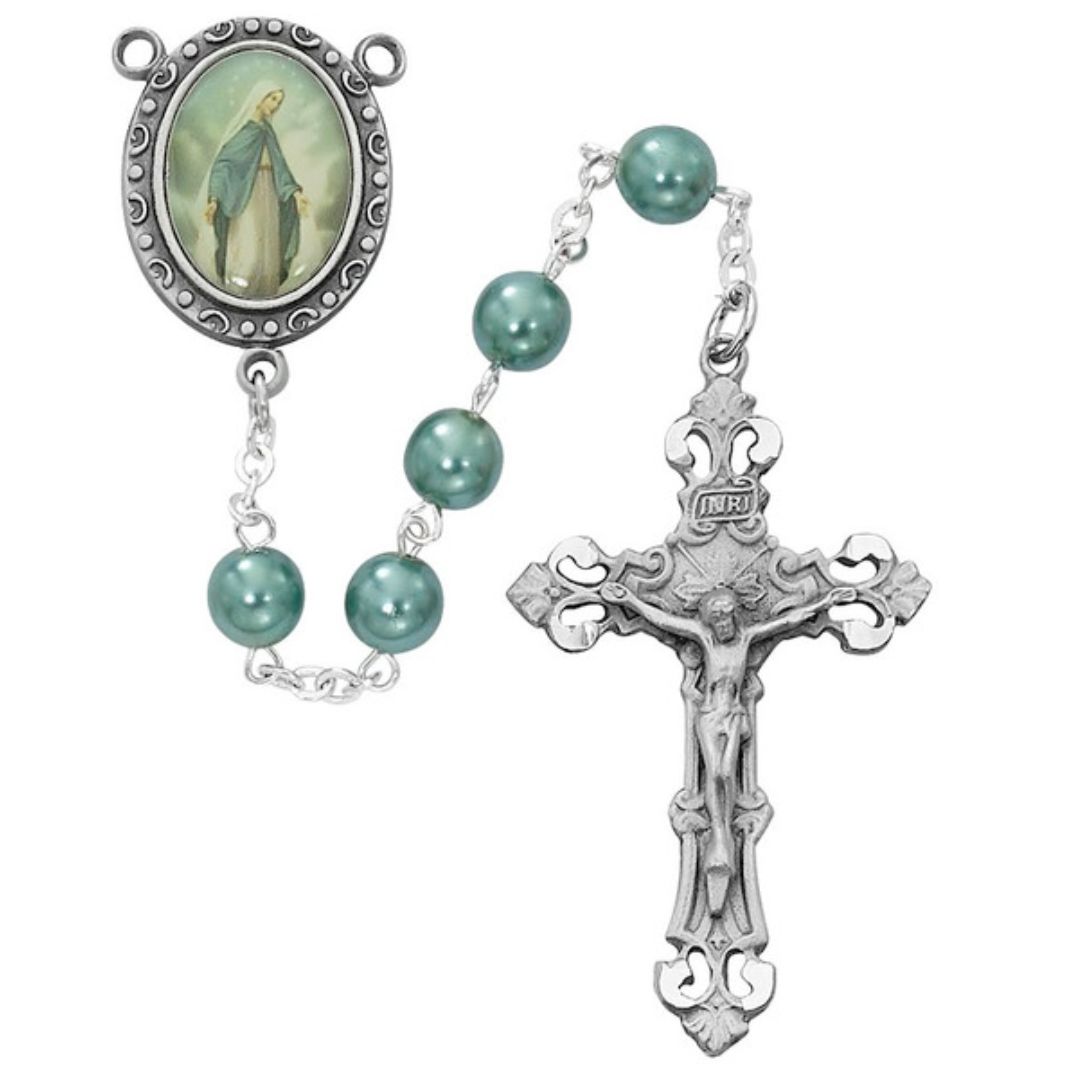 silver and teal bead rosary