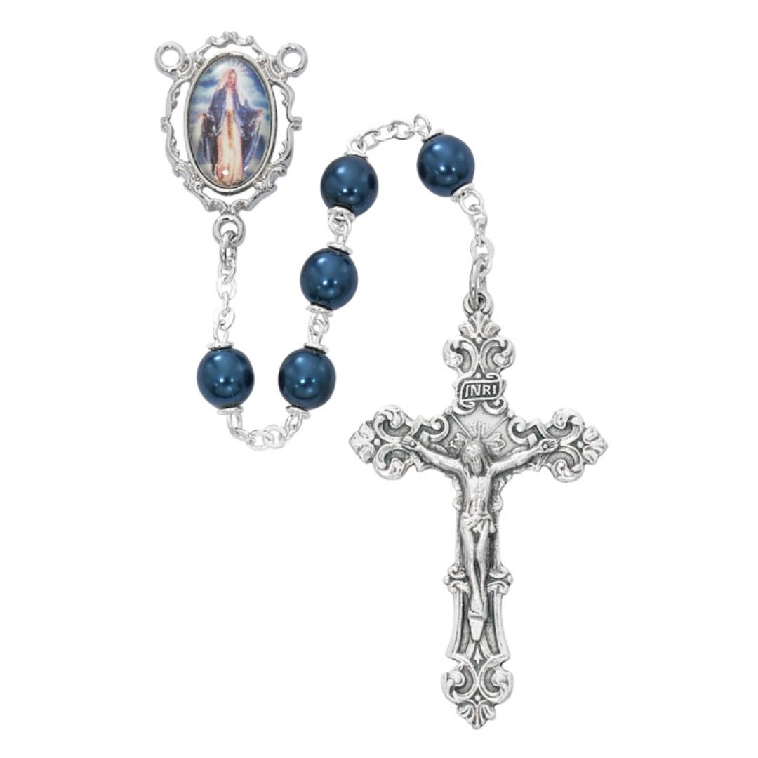 silver and dark blue bead rosary