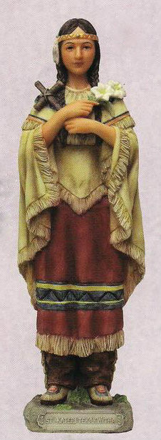 From the Veronese Collection! This 8" St. Kateri Tekakwitha is hand painted in exquisite detail with name plaque on base of statue.  St. Kateri is the Patron Saint of the environment and ecology