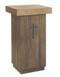 Plain wooden stand with a square design and a cross on the front.