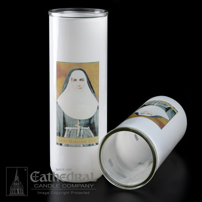 St. Marianne Cope - 3 Day or 5/6/7 Day Reusable Glass Globe ~ Full color image, produced on highly durable film.  For use with Inserta Lites. Globes are sold Individually or by the case (Box of 12) - Please make selection. Inserta Lite Candles are purchased separately