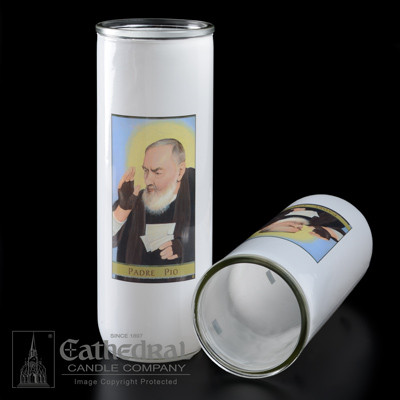 St. Padre Pio 3, 5/6/7 Day Reusable Glass Globe ~ Full color image, produced on highly durable film.  For use with Inserta Lites. Globes are sold Individually or by the case (Box of 12) - Please make selection. Inserta Lite Candles are purchased separately



