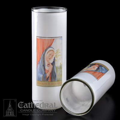 Immaculate Heart of Mary Reusable Glass Globe- 3, 5/6/7 Day Reusable Glass Globe ~ Full color image, produced on highly durable film.  For use with Inserta Lites. Globes are sold Individually or by the case (Box of 12) - Please make selection. Inserta Lite Candles are purchased separately