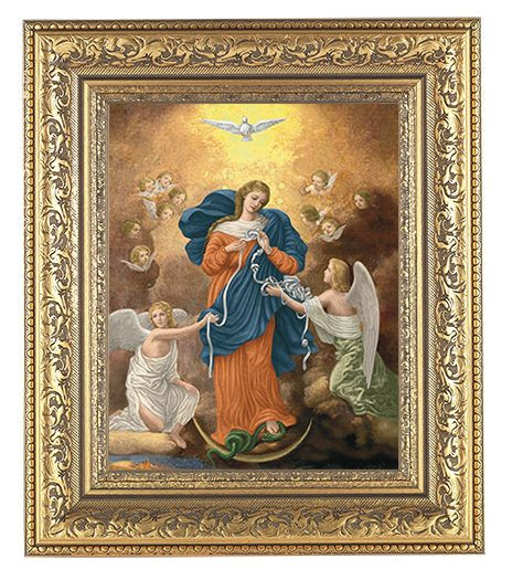 12-1/2" x 14-1/2" Overall Dimensions.  2.5" Wide Facing to Fit a 8" x 10" Italian Lithograph Under Glass. "Mary, Undoer of Knots,"  Known in her German homeland as "Maria Knotenlöserin, the artist was inspired by the true story of one German family's marital disunity, struggle, intercession, and powerful reconciliation.  Discovered and then expanded into a Marian devotion in the 1980's with the help of then - Father Jorge Mario Bergoglio, "Mary, Undoer of Knots" is a favorite devotion of Pope Francis himself.  Pope Francis is well known for promoting the devotion to Our Lady Undoer of Knots which has been a source of healing and grace for countless families.  