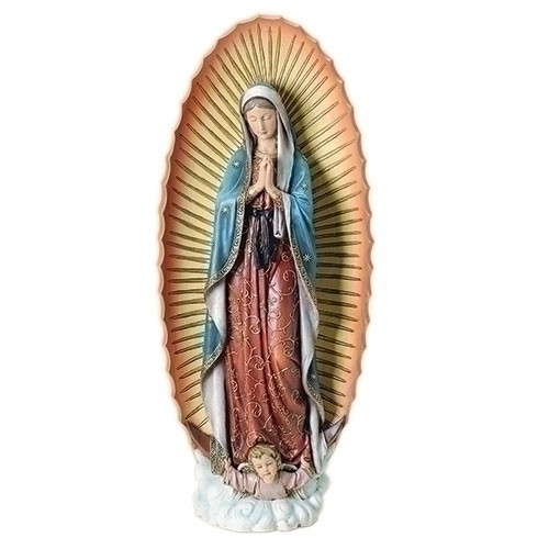 32" Our Lady of Guadalupe Statue. The statue is made of a Resin/Stone Mix. The dimensions are: 32"H x 13.5"W x 7.5"D