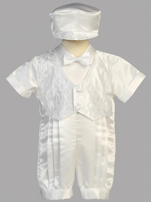 Boys Christening Outfit One Piece Satin-  faux bow tie and vest.  Hat included. Sizes XS 3-6 mths, SM 6-9 mths, Med 9-12 mths, Lrg 12-18 mths, and XL 18-24 mths
