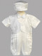 Boys Christening Outfit One Piece Satin-  faux bow tie and vest.  Hat included. Sizes XS 3-6 mths, SM 6-9 mths, Med 9-12 mths, Lrg 12-18 mths, and XL 18-24 mths