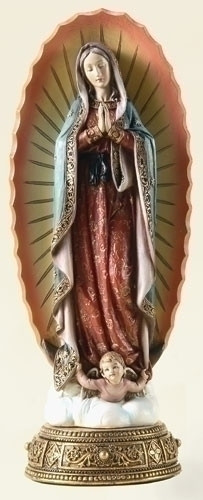Our Lady of Guadalupe 10.75" Statue. Made of a Resin/Stone Mix. Dimensions: 11.75" H x 4.75" W x 4" D