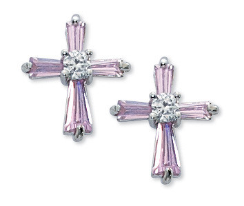 Pink Cubic Zirconium Earrings have surgical steel posts. Complements Cross (Item #130052)