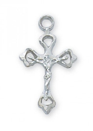 Girls Crucifix 1/2" Crucifix. Rhodium Plated Pewter Crucifix comes on a 16" Rhodium Stainless Steel Chain. A white leatherette gift box is included. Made in the USA
