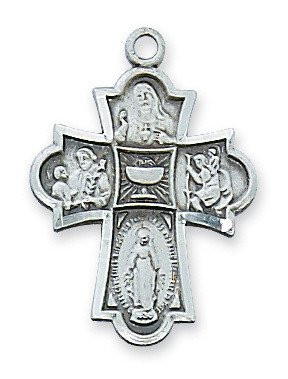 The 4 way pewter pendant features a chalice in the center, making it perfect for First Communion.
The pendant comes on an 18 inch rhodium chain.
This pendant comes in a black gift box.