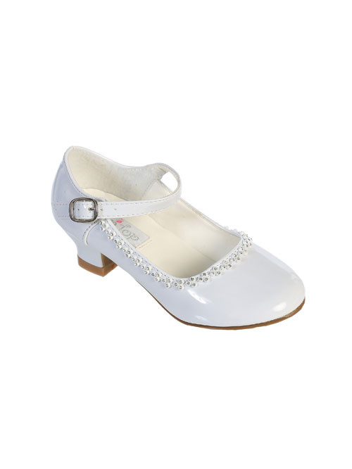 Girls Heeled White Communion Shoe with rhinestone trim.