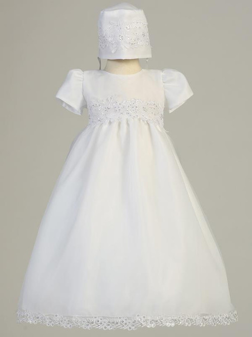 Audrey ~  White Sequin Trim Organza Gown with corded trims and sequins. Bonnet is included. Made In USA