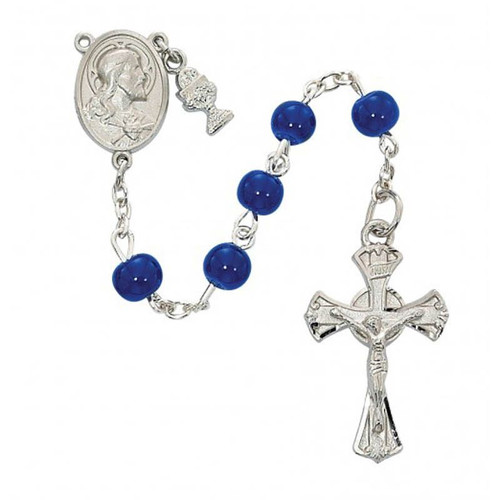 Blue Glass Rosary-Rhodium Sacred Heart Center with Tiny Rhodium Chalice & Crucifix Gift Box Included
Dimensions: 19" X 1" X 1 1/3"