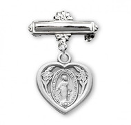 Miraculous Medal Heart double Sided Baby Bar Pin. Dimensions of medal: 1.0" x 0.4"(25mm x 10mm). Sterling Silver or 16K gold plated over 0.925 sterling silver. Deluxe velour gift box. Sized for a baby, ideal for baptisms and christenings. Engraving up to 12 letters ONLY on bar available. Made in the USA.