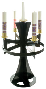Black powder coat finish with satin brass accents. Center adaptable to any size candle. 54” H. to top of bobeche, 36” dia. ring, 24” base, 3” sockets.