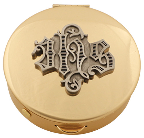 Brass Pyx with Pewter Medallion comes in 4 sizes and host capacities.  Please make selection in options box. Host capacity is based on 1 1/8" host. Burses are purchased separately. 
For Pyx K121-8 order Burse K3102, for Pyx K121-12 order Burse K3215, for Pyx K121-25 and K121-45 order  Burse K3085