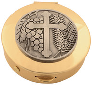 Brass Pyx with Pewter Medallion comes in 4 sizes and host capacities.  Please make selection in options box. Host capacity is based on 1 1/8" host. Burses sold separately. 
For Pyx K127-8 order Burse K3102, for Pyx K127-12 order Burse K3215, for Pyx K127-25 and K127-45 order  Burse K3085